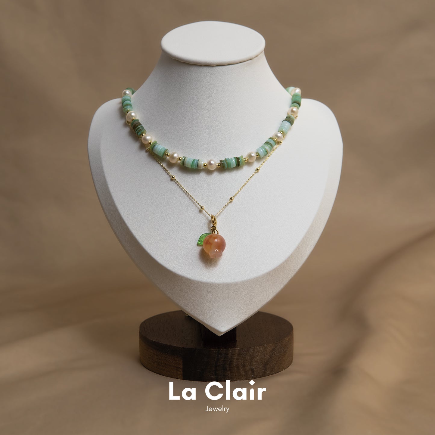 Peach Crystal Pendant and Green Shell Pearl Strand Set_1