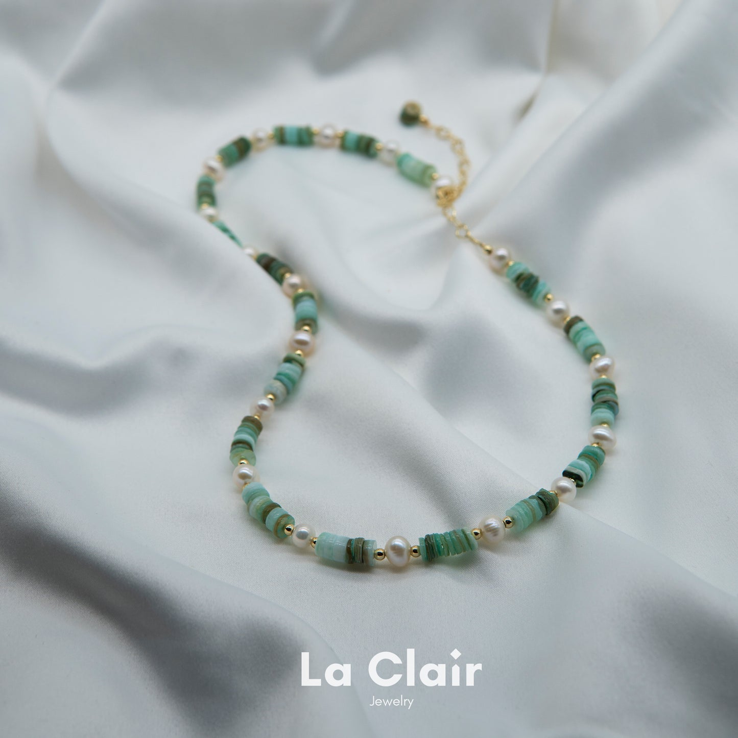Peach Crystal Pendant and Green Shell Pearl Strand Set_4