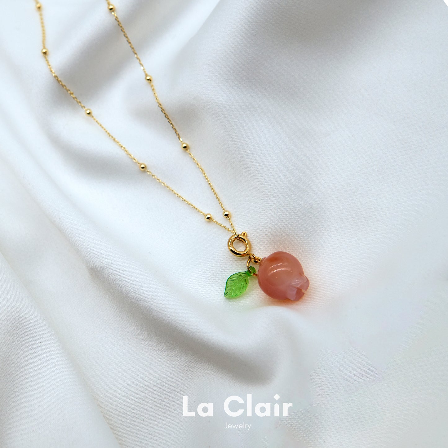 Peach Crystal Pendant and Green Shell Pearl Strand Set