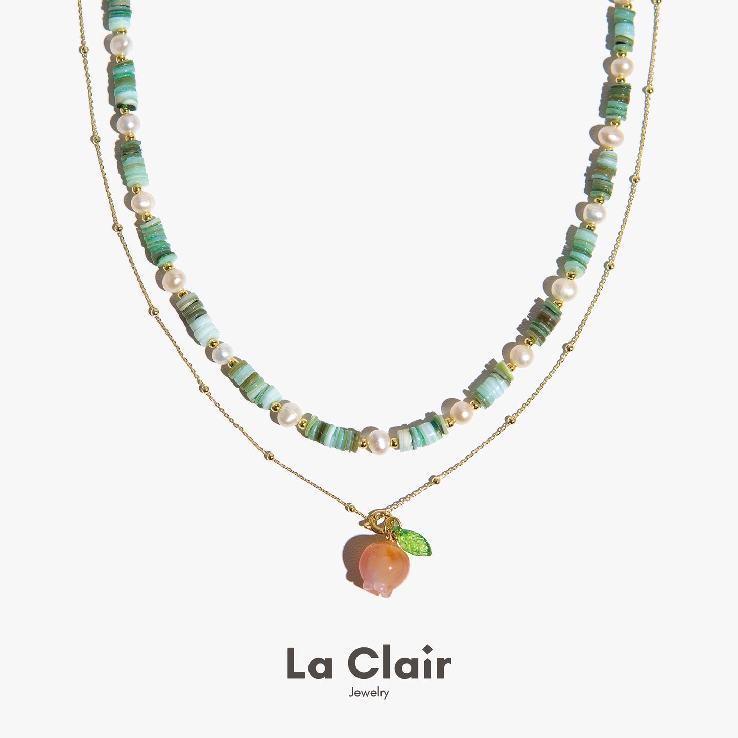 Peach Crystal Pendant and Green Shell Pearl Strand Set_7