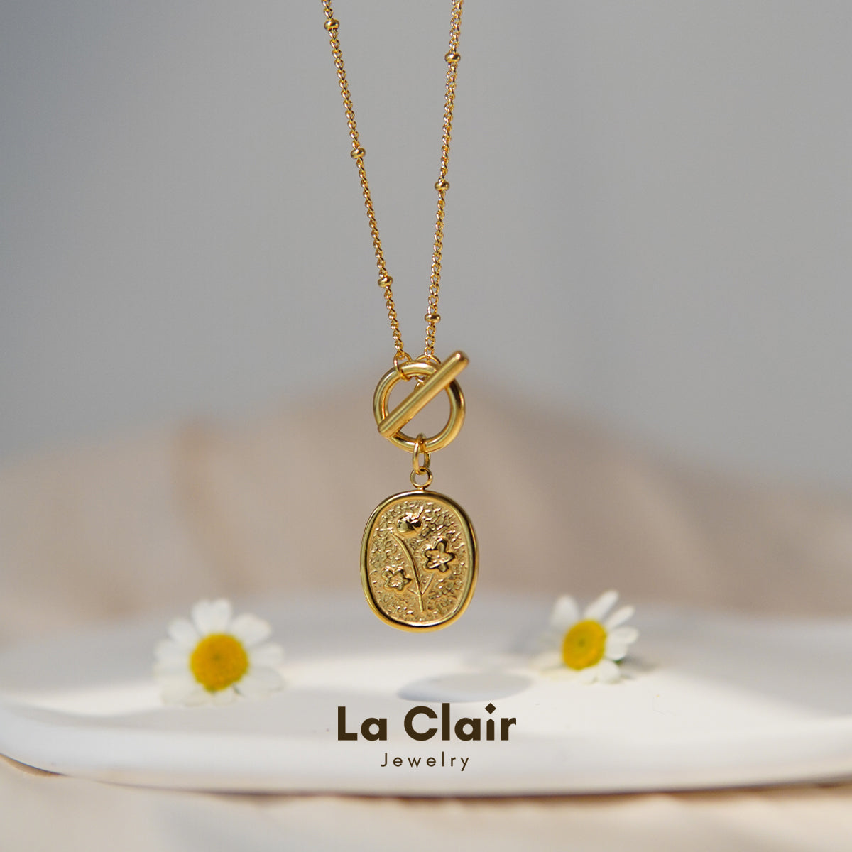 Golden Blossom Oval Pendant Necklace