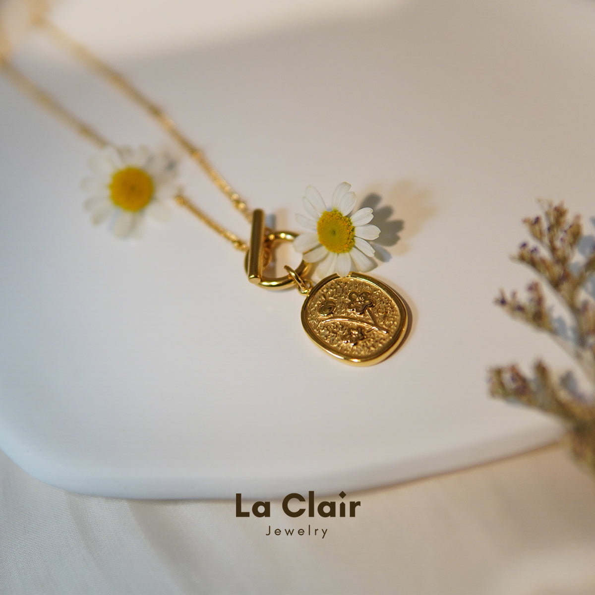 Golden Blossom Oval Pendant Necklace