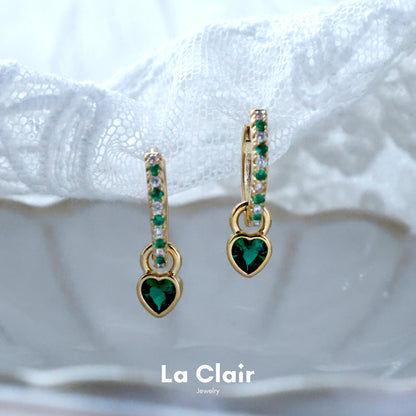 Green Heart Crystal Pendant Hoops