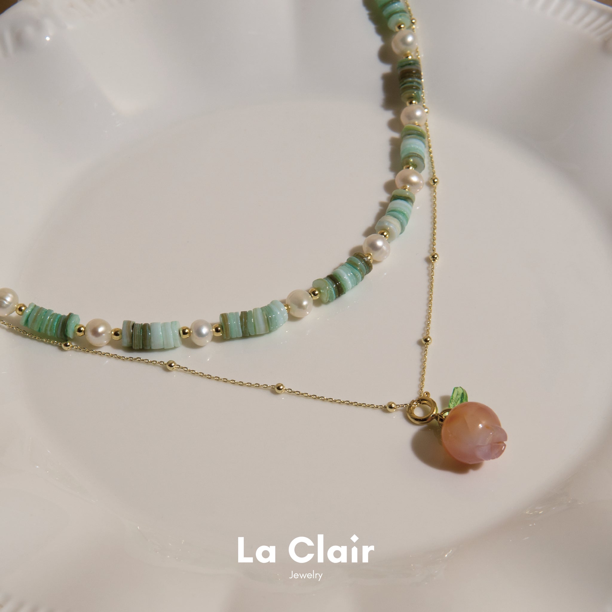 Peach Crystal Pendant and Green Shell Pearl Strand Set_2