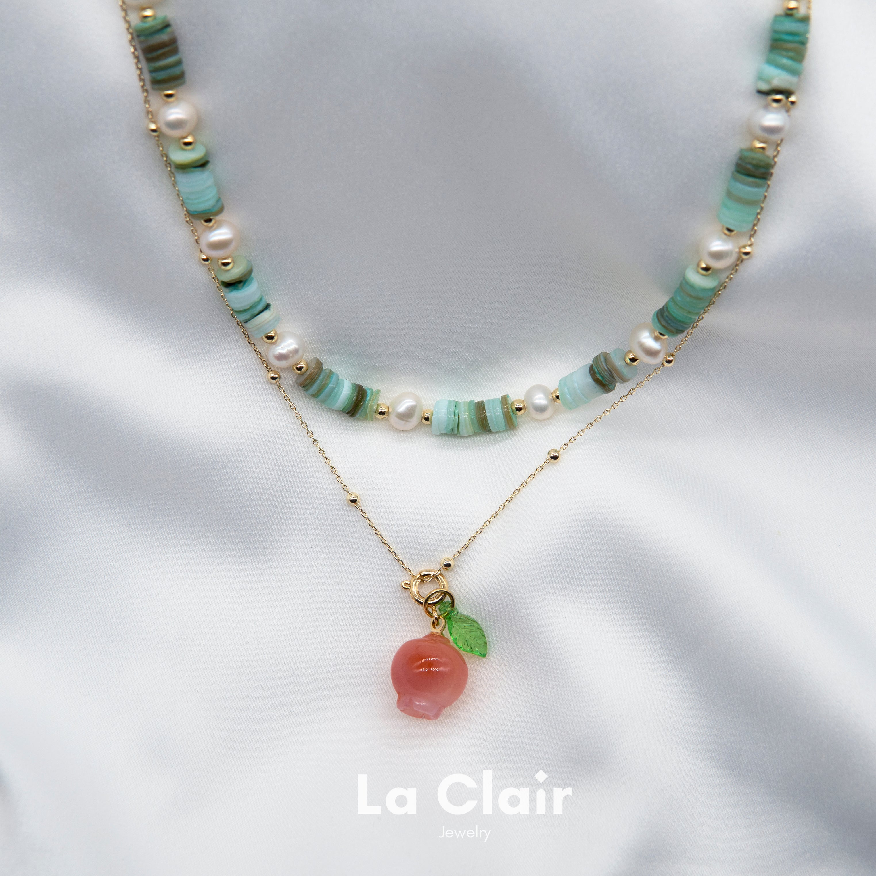 Peach Crystal Pendant and Green Shell Pearl Strand Set_3