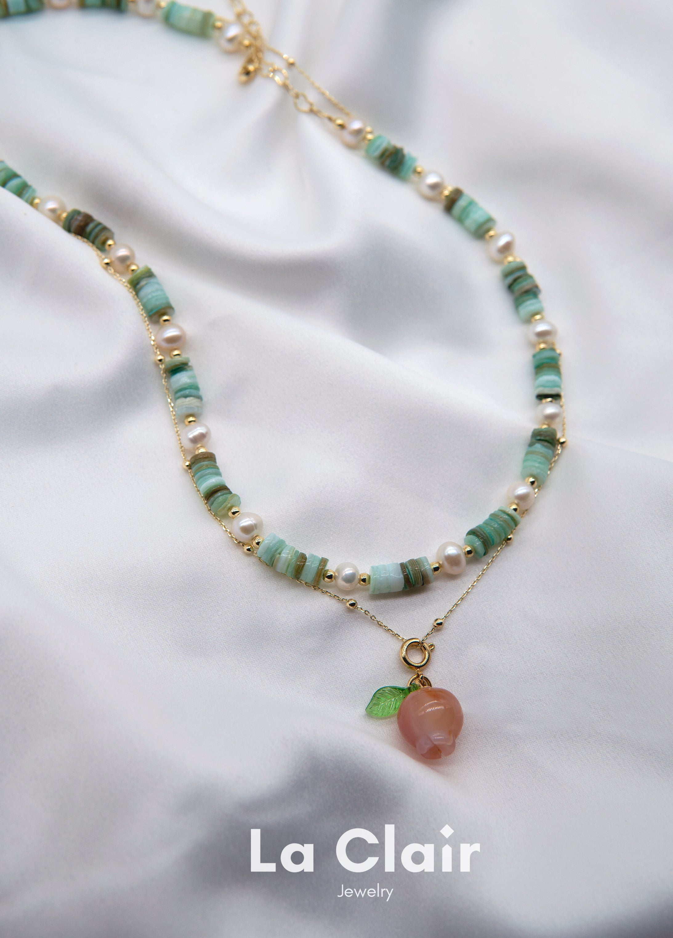 Peach Crystal Pendant and Green Shell Pearl Strand Set_6
