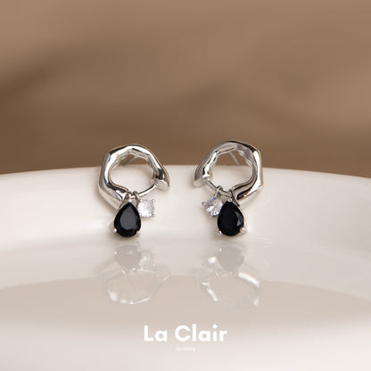 Silver Hoop Earrings with Black and White Zircon Pendants_2