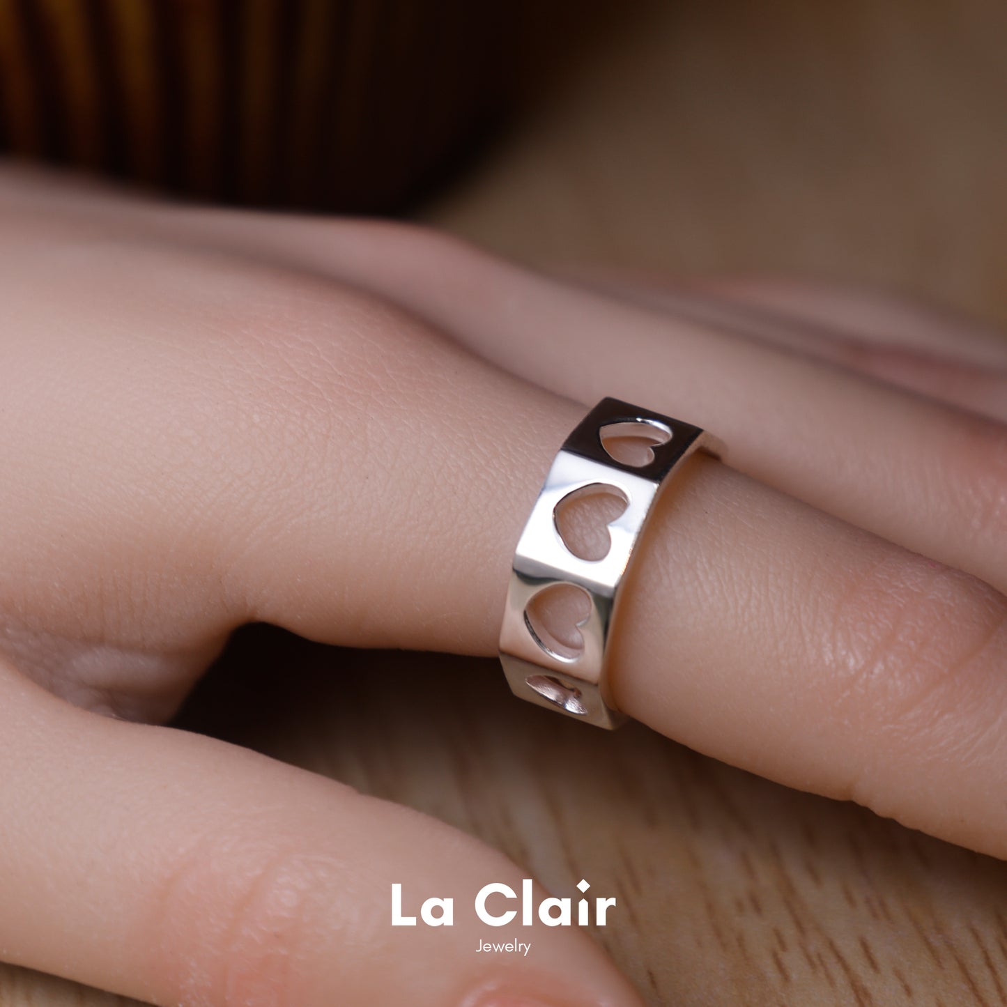 Silver Octagonal Heart Cutout Wide Open Ring
